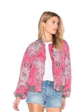 Free People Pink Paisley Bomber Jacket with Gray Trim